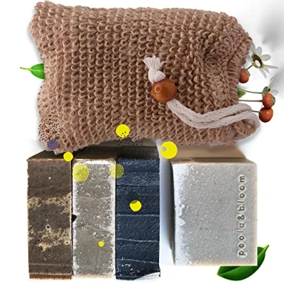 Image of Mens Soap Bars UK Men&#039;s Organic Quad 4 Nourishing &amp; Sisal Scrub Bag Exfoliating Moisturizing Herbal Blend Natural for Men