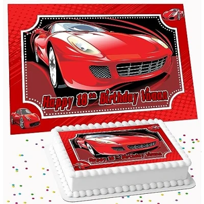 Image of RED SPORTS CAR RECTANGLE BIRTHDAY PERSONALISED ICING EDIBLE COSTCO CAKE TOPPER DECORATION R2 8473