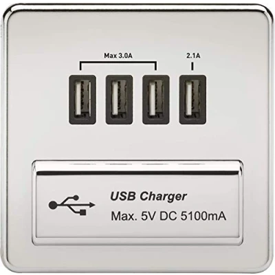 Image of KnightsBridge 1G Screwless Polished Chrome Quad USB 5V Charger Outlet Black Insert