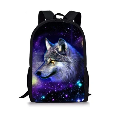 Image of Showudesigns Kids Rucksack Unique Animal Wolf Backpack for School Boys Girls with Side Pocket Teenage Galaxy Bags