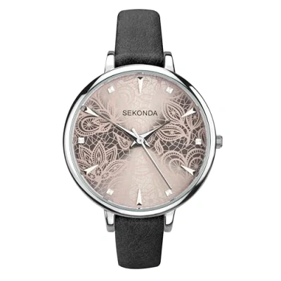 Image of Sekonda Editions 37mm Ladies Silver Case Watch Grey Lace Patterned Dial Three Hand Analogue Quartz with PU strap