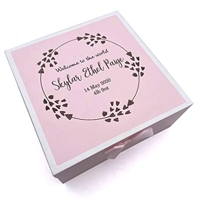 Image of Personalised Baby Girl Pink Wooden Memories Keepsake Box Heart Wreath