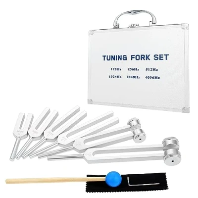 Image of DRELD DNA Repair Tuning Forks Set of 6 128, 256, 512, 1024, 2048, 4096hz for Healing, Musical Instruments, Sound Therapy and Meditation with Exquisite Aluminium Gift Box, Silicone Hammer