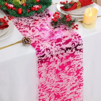 Image of Snowkingdom 2 Pieces Hot Pink Table Runner, Sequin Glitter Foil Metallic Thin Mesh Runner Roll 11&quot;x108&quot;, Decorations for Event Party, Wedding, Birthday Party , Christmas