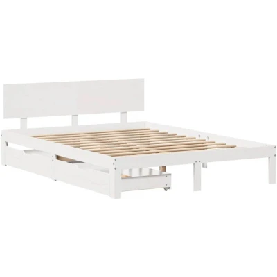 Image of vidaXL King Size Bed Frame with Storage Drawers 150x200 cm Solid Pine Wood Platform, White, Ideal for Bedroom Sturdy Slatted Base, Under Organizer, Easy Assembly