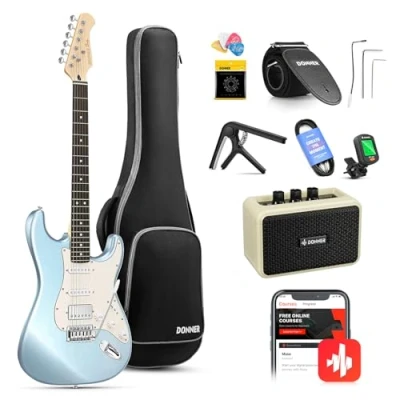 Image of Donner Electric Guitar, 39&quot; Guitar Kit HSS Pickup Coil Split, DST 152R Beginner Set with Amp, Bag, Capo, Strap, String, Tuner, Cable, Picks, Metallic Ice Blue