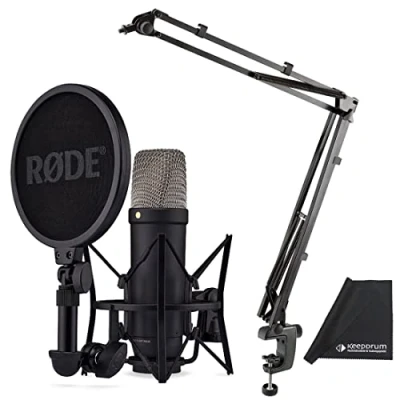 Image of RØDE NT1 5th Generation XLR USB Studio Microphone Black + K&amp;M 23840 Articulated Arm Tripod Keepdrum Microfibre Cloth