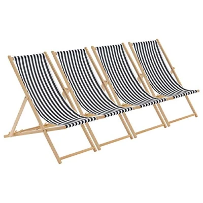 Image of Harbour Housewares Folding Wooden Deck Chairs Black Stripe Pack of 4 Adults Traditional Foldable Reclining Outdoor Canvas Sun Lounger Chair Seat for Garden Patio, Beach, Camping