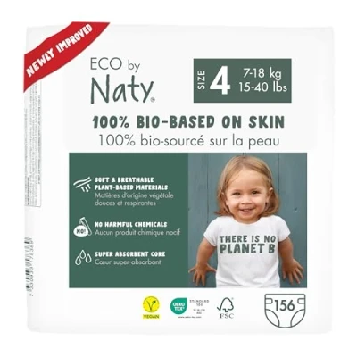Image of Eco by Naty Friendly Baby Nappies 100% Plant Based Materials on Skin, Soft, for Sensitive Skin &amp; Super Absorbent (Size 4, 156 Count)