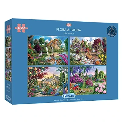 Image of Flora &amp; Fauna 4 x 500 Piece Jigsaw Puzzles Multi Box Sustainable Puzzle for Adults Premium 100% Recycled Board Great Gift Gibsons Games