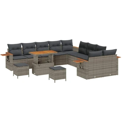 Image of vidaXL 13 Piece Garden Sofa Set with Cushions Grey Poly Rattan Acacia