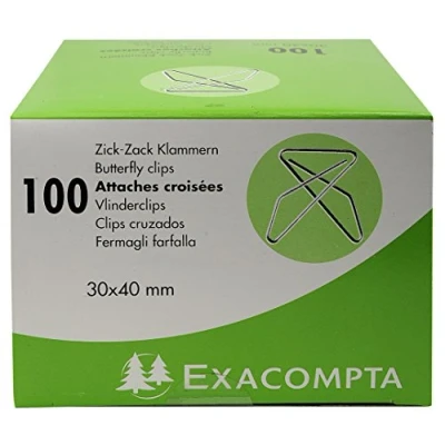 Image of Exacompta Ref 14765E Butterfly Clips (Pack of 100 Clips) 30 x 40mm in Size Suitable for Temorary Fastening Documents Cross Ties / Zig Zag Brackets