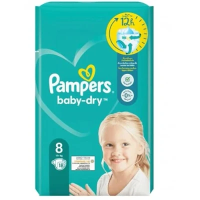 Image of Pampers Baby Nappies Size 8 (17 kg+), Dry, Extra Large, Pack of 18, Single Pack, Up to 12 Hours All Round Leak Protection