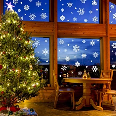 Image of Fassory 155 Pcs White Snowflake Window Stickers, Reusable Christmas Static Cling Stickers Decals(White)