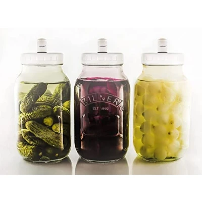 Image of 3 x 1 Litre Food Fermentation Jars with compatible Sterilock® Airlocks Releasing CO2 Whilst preventing Bacteria from Getting in.