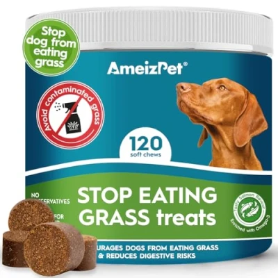 Image of AmeizPet Grass Eating Deterrent For Dog, Stop Dog From Grass, Natural Outdoor Supplies, Digestive Enzymes, 120 Soft Treats, 270g (9.5 Oz)