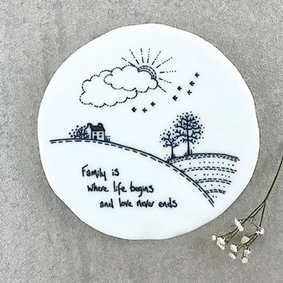 Image of East of India Porcelain Coaster with Words &#039;Family is..&#039; Kitchen Gift, Family Keepsake Gift For Family, New Home