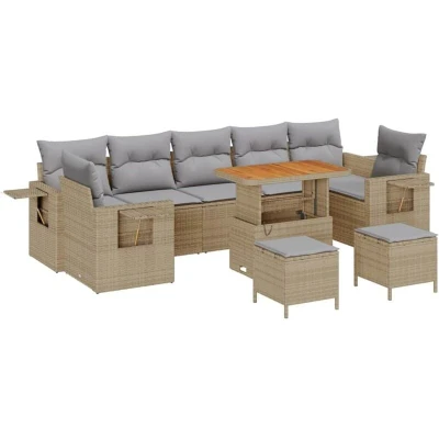 Image of vidaXL 10 Piece Garden Sofa Set with Cushions Beige Poly Rattan Acacia