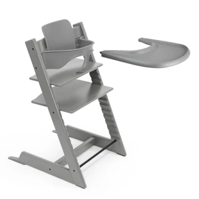 Image of Stokke Tripp Trapp High Chair (Storm Grey) with Tray Includes Chair, Baby Set 2 for Children 6 36 Months and Adjustable, Ergonomic &amp; Easy to Clean