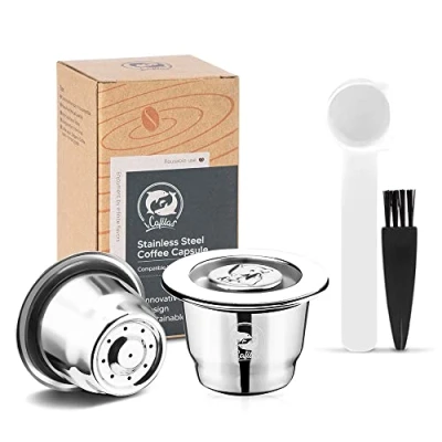 Image of i Cafilas 2 Refillable Stainless Steel Reusable Capsules compatible for espresso, espresso + 1 Teaspoon Cleaning Brush