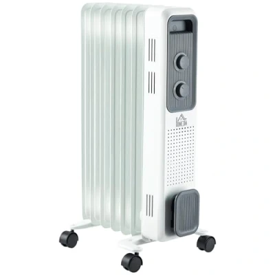 Image of HOMCOM 1500W Oil Filled Radiator, 7 Fin, Portable Electric Heater with 3 Heat Settings, Safety Cut Off and Wheels, White
