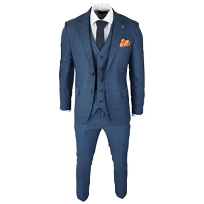 Image of Mens 3 Piece Prince of Wales Check Suit Blue Classic Light Tailored Fit Modern 52