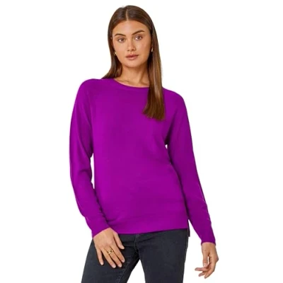 Image of Roman Originals Soft Jumper for Women UK Ladies Winter Autumn Sweater Knit Knitwear Round Crew Neck Top Plain Lightweight Comfy Long Sleeve Split Hem Everyday Daywear Magenta Size 12