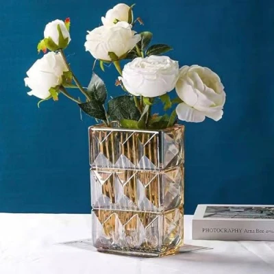 Image of 20 cm Crystal Glass Vase, Thickened Clear Flower Large Square Decorative Vases, Flowers, Modern Farmhouse Centrepiece, Home Room Decor (Amber)