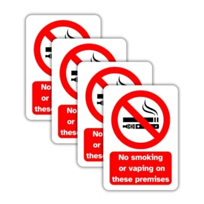 Image of No smoking or vaping Vinyl Signs, 75mm x 100mm, Self Adhesive Stickers, Waterproof, Indoor/Outdoor Use, Safety Warning Sign, C&amp;J Goods (No on these premises, 4 Pack)