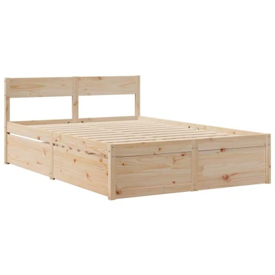 Image of vidaXL Double Bed Frame with Drawers Solid Pine Wood, Brown Finish, 135x190 cm Modern Bedroom Storage Solution