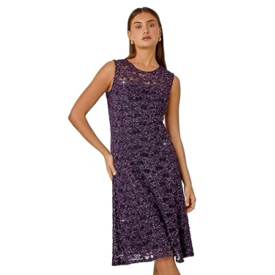 Image of Roman Originals Floral Lace Overlay Dress For Women UK Ladies Skater Fit and Flare Wedding Guests Smart Formal Stretch Shimmer Lined Metallic Sparkly Sequin Fitted Dresses Sparkle Purple Size 10