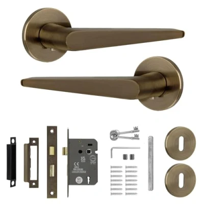 Image of Decoranddecor Antique Brass Door Handles Aluminium Handle Sets for Wooden Interior Doors Internal with Lock and Keys Terra Range