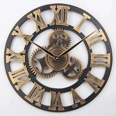 Image of Timelike Stunning Silent Skeleton Indoor/Garden Large Wall Clock Roman Numeral Open Face Metal Round Iron (Brown)