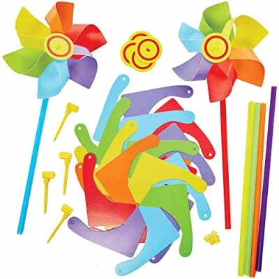 Image of Baker Ross FC771 Rainbow Windmill Kits Pack of 6, Summer Craft Kit, Kids Spinners, Pinwheel