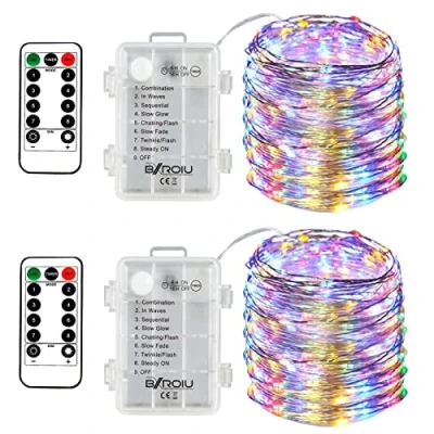 Image of BXROIU 2 x Fairy String Lights Battery Operated, Silver Wire 8 Mode Chains 5 Meters 50 LEDs Firefly with Remote Control for Bedroom Christmas Party Wedding Decoration (Multicolor1)