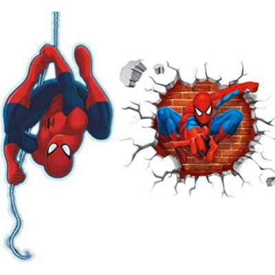 Image of Kibi 2PCS Spider Man 3D Wall Stickers Spiderman Wallpaper for Kids Bedroom Living Room Nursery Background Removable
