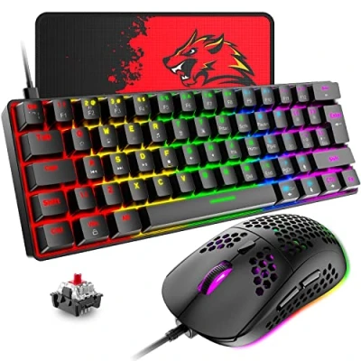 Image of T60 UK Layout 60% Mechanical Keyboard and Mouse Set, Compact 62 Keys Mini Wired Gaming 19 Rainbow Backlit + 6400DPI RGB Ultra Light PC Mice Pad For Laptop/MAC Black/Red Switch