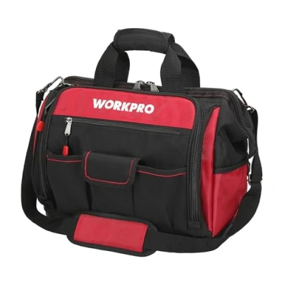 Image of WORKPRO 16 Inch Tool Bag, Heavy Duty Storage Organizer with Waterproof Hard Base, Wide Mouth Open Large Capacity, 39 Pockets Elastic and Hook, Perfect for Tradesman, Electrician, Repairman