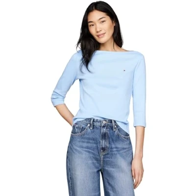 Image of Tommy Hilfiger Women&#039;s Long Sleeve Slim Fit Boat Neck Top, Blue (Vessel Blue), XXS