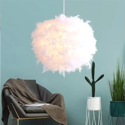 Image of GUANSHAN 45CM/17.8&quot; Spherical White Feather Pendent Light Lampshade Ceiling Fixture Chandelier for Living Room, Bedroom, Dining Room