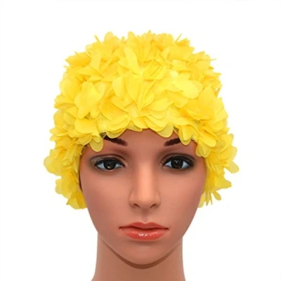 Image of Medifier Lace Vintage Swim cap Floral Petal Retro Style Bathing Caps for Women Yellow