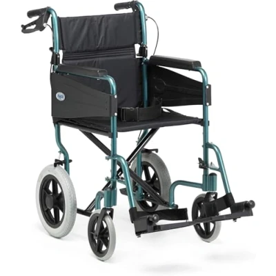 Image of Days Escape Lite Aluminium Wheelchair, Lightweight and Foldable Frame, Attendant Propelled Portable Transit Travel Chair, Removable Footrests, Narrow, Racing Green
