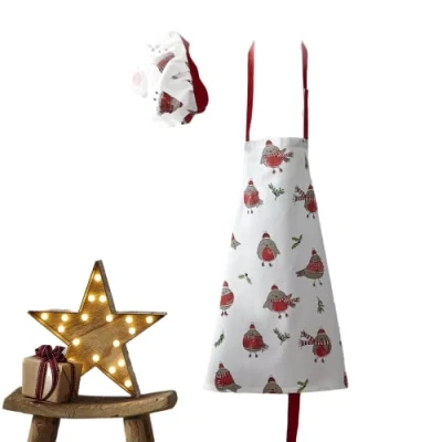 Image of Catherine Lansfield Kitchen Christmas Robins Cotton Kids Apron &amp; Hat Set White Red