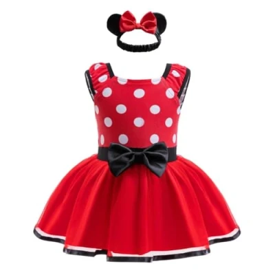 Image of Lito Angels Baby Girls Minnie Fancy Dress Costume Infant Bodysuit Romper with Bow Headband Age 9 12 Months, Red