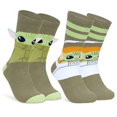 Image of Disney Stitch Slippers Socks Women 2 Pack Fluffy Non Slip Fleece Bed Minnie Mickey Mouse Baby Yoda (Grey Mandalorian)