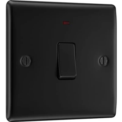 Image of BG Electrical Single Wall Switch with LED Power Indicator, Double Pole, Raised and Slim Profile, Round Edges, Nexus Metal, Matt Black, 20A, NFB31