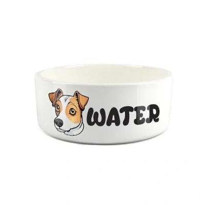 Image of Jack Russell Pet Bowl Cartoon Terrier Dog Portrait Large Ceramic Water Novelty White Dish For Dogs