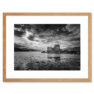 Image of Wee Blue Coo Scottish Photo Landscape Eilean Donan Castle BW Framed Wall Art Print