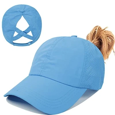 Image of Womens Criss Cross Ponytail Baseball Cap,High Messy Bun Ponycap Quick Drying Mesh Outdoor Sports Hat with Hole Adjustable Travel Summer (Blue, One Size)