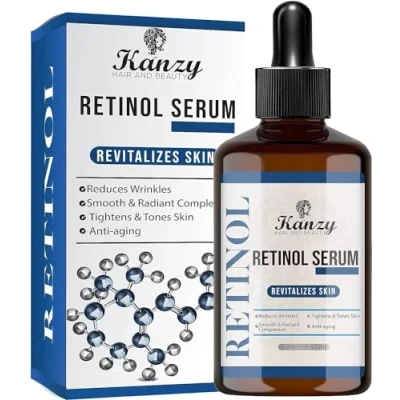 Image of Kanzy Retinol Serum for Face 2.5% with Hyaluronic Acid, Vitamin E &amp; Jojoba Oil 30 ml Anti Aging Wrinkle Scars, Dark Spots Fine Lines Moisturizing Women Men